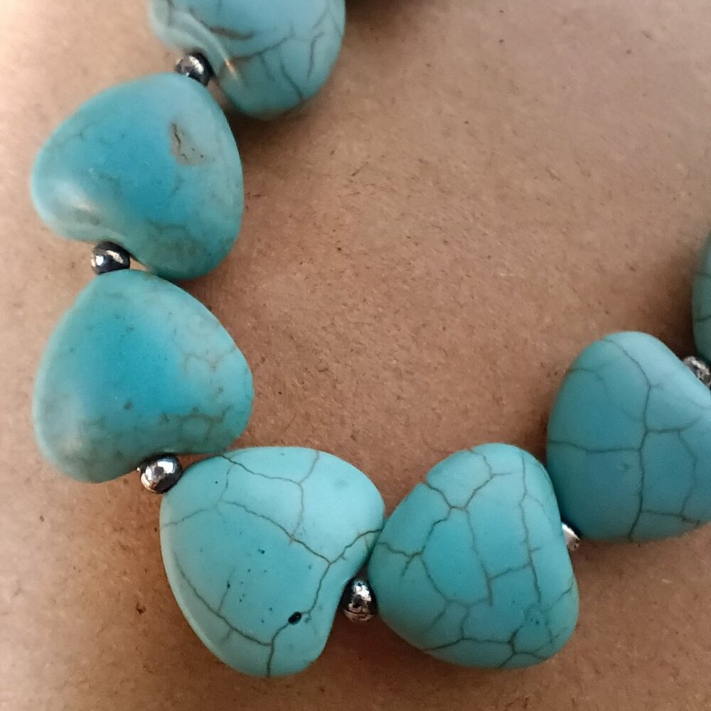 Chunky Faux Turquoise Heart Round Stone Necklace Strand Jewelry 28"